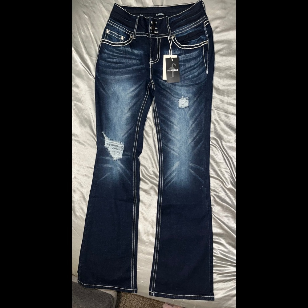 Dark Blue Flare Jeans with Distressed Details